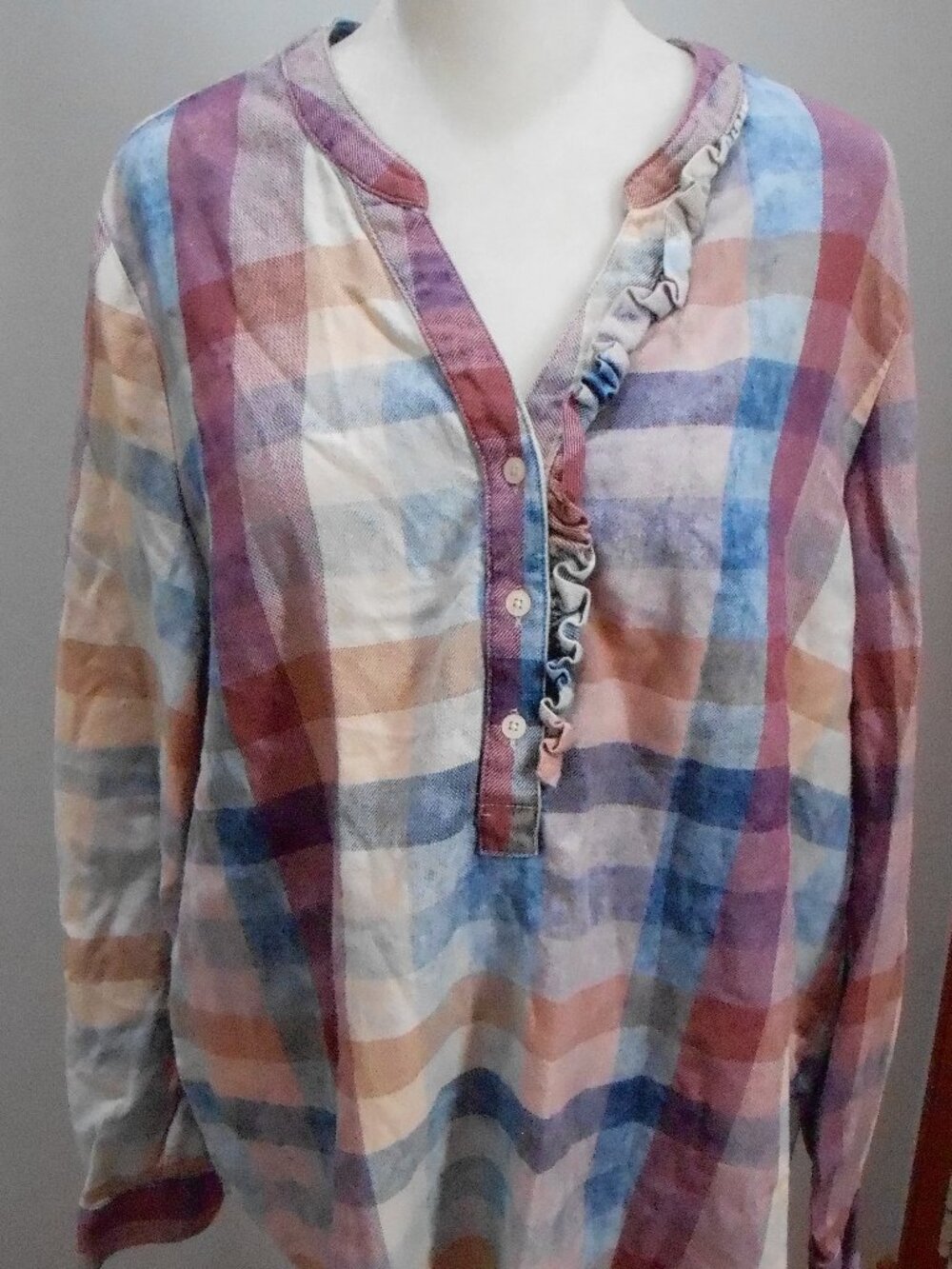 Isabella Sinclair Women's Pink Blue Plaid V Neck Long Sleeve Cotton Blouse Sz-Lg